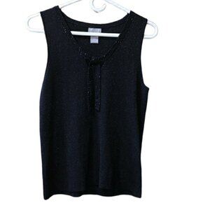 Sigrid Olsen Black Sparkly Beaded neck Bow Knit Tank Top Medium